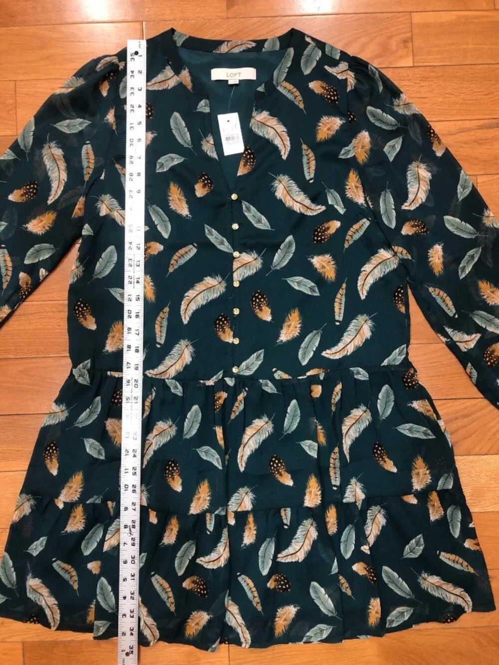 NWT Loft Turquoise Feather Print Drop Waist Dress Sz S Flowy Boho Chic Elegance